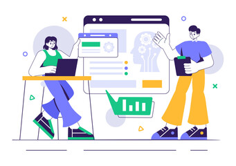 Machine Learning Vector Illustration featuring Artificial Intelligence Jobs, Scientists Working with Big Data and Technology Engineers in a Background