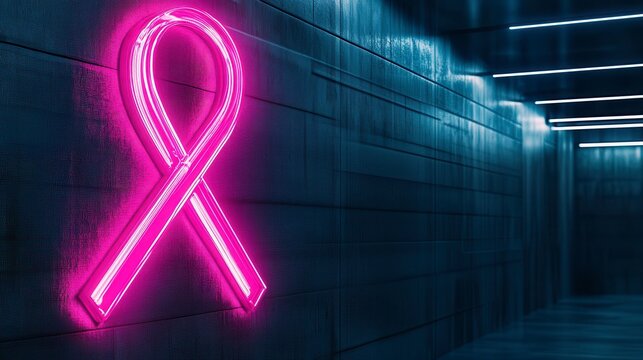 A glowing pink ribbon neon sign illuminating a modern hallway, symbolizing support for breast cancer awareness and solidarity