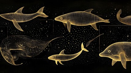 Wireframe marine animals on black background.