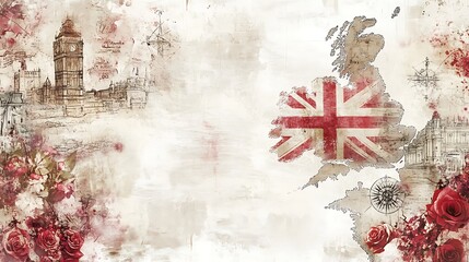 Naklejka premium Vintage London watercolor map with roses and landmarks.