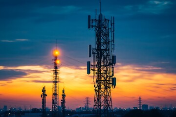 Telecommunication towers at sunset. Concept of modern communication and technology.