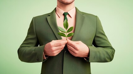 Eco-friendly fashion statement a man in green suit pastel background