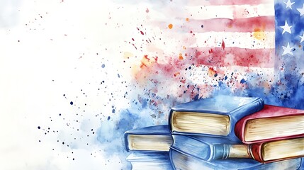 Watercolor books stack with US flag background.