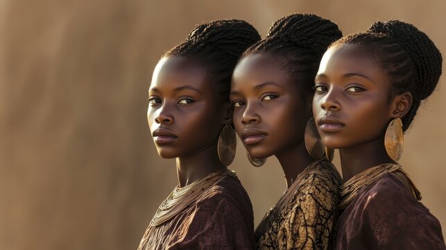 Synchronicity in Earthy Elegance: Malian Twin Models Showcasing Bogolanfini Mud Cloth in Symmetrical Poses