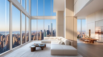 Luxurious high-rise apartment with panoramic city view.