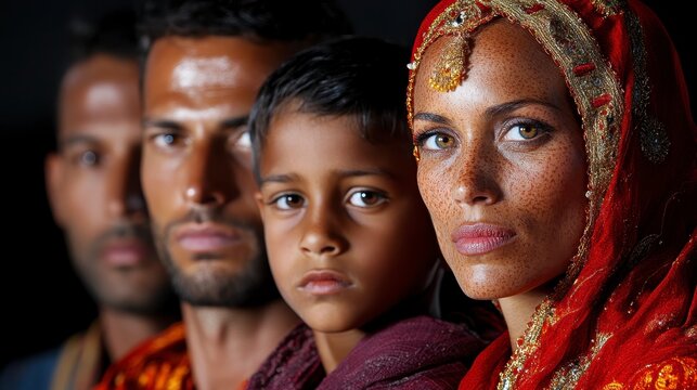A group portrait showcasing the diverse expressions and emotions of a family from a cultural background, with vibrant clothing and strong connections