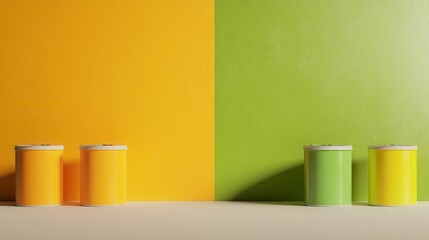 Fototapeta premium Colorful paint cans displayed against contrasting yellow and green walls in a modern interior setting
