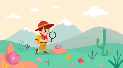 A young explorer with a magnifying glass discovers gems in a colorful landscape.