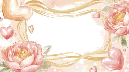Watercolor floral frame with hearts and gold.