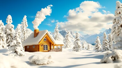 Naklejka premium Cozy Winter Cabin Escape in Snowy Landscape