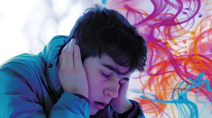 Teenager covering ears, overwhelmed by colorful abstract background.
