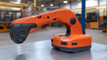 Naklejka premium Orange industrial robotic arm on metal surface.