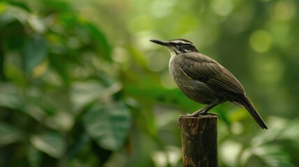 Small dark bird perched on a wooden post in a lush green forest.