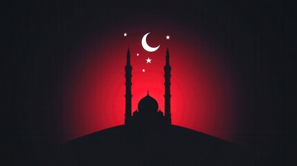 A silhouette of a mosque against a deep red gradient background, featuring a crescent moon and stars that enhance the spiritual atmosphere.