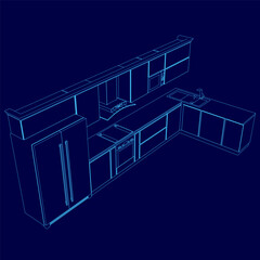 Blue kitchen with a refrigerator, oven, and sink. The kitchen is designed in a way that it looks like a 3D drawing