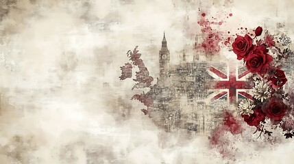 Watercolor London skyline, UK map, flag, roses.