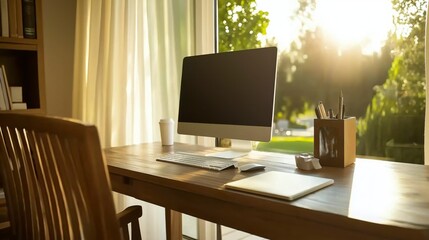 Fototapeta premium Modern Home Office Setup with Sleek Computer on Wooden Desk Surrounded by Natural Light and Greenery, Offering a Relaxing Workspace Aesthetic