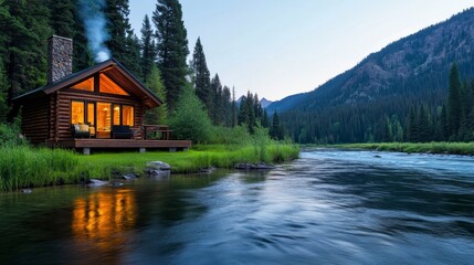 Fototapeta premium Tranquil riverside cabin retreat at dusk with warm glowing lights and scenic mountainous backdrop