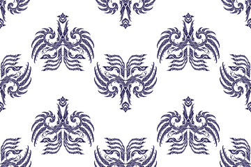 seamless floral pattern traditional Thai art in damask style bold indigo colored motifs suitable for wallpaper, cloth, blanket, tile, curtain and fabric design isolated illustration vector EPS file.