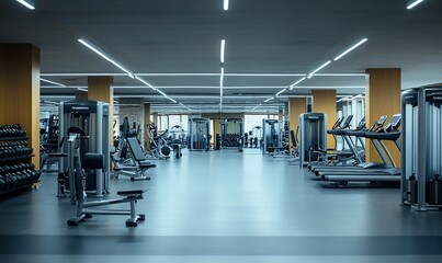 Modern gym interior with various fitness equipment and ample space.