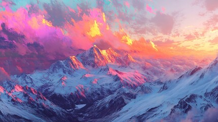 Obraz premium Majestic Snowy Mountain Range at Sunset with Vibrant Sky