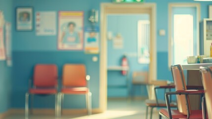 Empty waiting room with red chairs and blue walls.