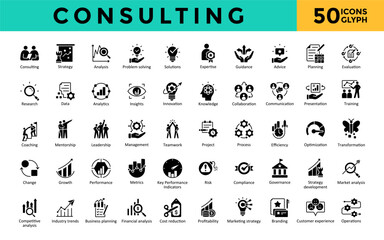 Consulting icons set with consulting, strategy, analysis, problem solving, solutions, expertise, guidance, advice, planning, evaluation icon. Simple glyph vector 
