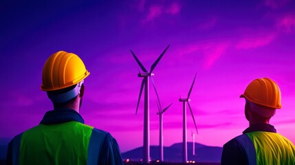 Engineers observing wind turbines at sunset, showcasing renewable energy potential and sustainability in action