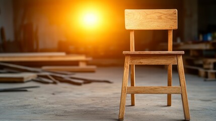 A solitary wooden chair standing in a rustic workshop illuminated by a warm glow, surrounded by wooden stacks and tools