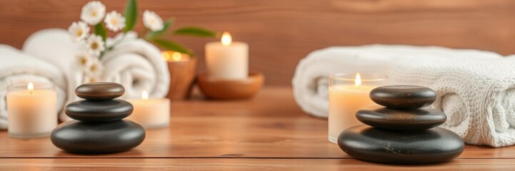 Spa concept image featuring massage stones, towels, and candles set against a natural background, relaxation, concept, relaxation