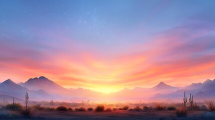 Fototapeta premium Desert Sunset Landscape, Mountains, Cactus - Vibrant color palettes