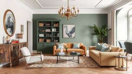 Fototapeta premium Elegant living room with dark walls, red curtains, a white sofa, decorative vases, and classic furnishings. The space combines traditional and modern design elements. Generative, AI,