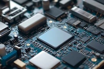 Close up of a circuit board with a central processor. Concept of technology, electronics, and innovation.