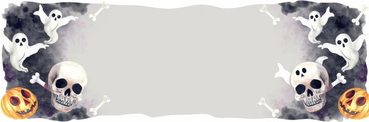 Spooky halloween themed square card template featuring watercolor hand painted skulls, bones, ghosts, and a border with copy space in the middle, bones, copy space, spooky