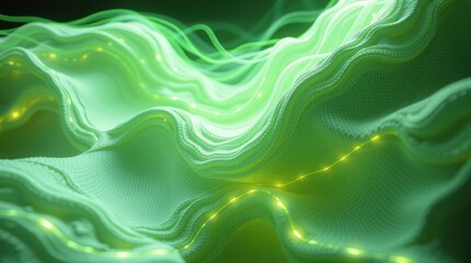 Abstract green waves with glowing elements, representing digital or technological concepts.