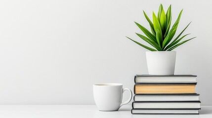 Fototapeta premium A tranquil workspace featuring stacked books, a white cup, and a lush green plant in a minimalist setting
