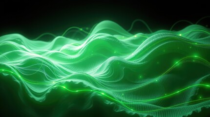 Abstract green waves with glowing elements, representing digital or technological themes.