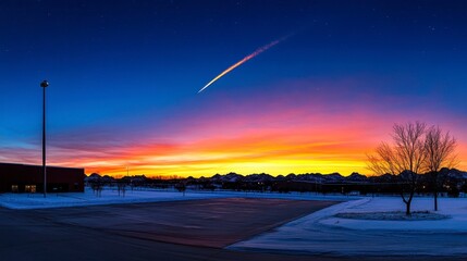 A breathtaking panorama of a winter landscape at sunset with a glowing comet streaking across the sky over snowy mountains