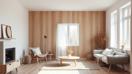 Fototapeta premium A cozy living room with wooden panel walls, a modern fireplace, a woven chair, and a minimalist sofa adorned with cushions. Natural light enhances the serene atmosphere. Generative, AI,