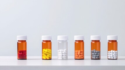 Variety of prescription medication bottles showcasing different colored pills on a clean, minimalist surface.
