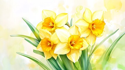 Naklejka premium Watercolor painting of yellow daffodils.