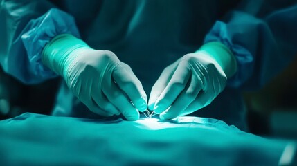 Medical professional skillfully suturing a surgical incision under bright lights in a modern operating room