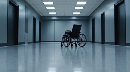 A solitary wheelchair positioned at the end of a stark hospital corridor, evoking feelings of isolation and uncertainty.