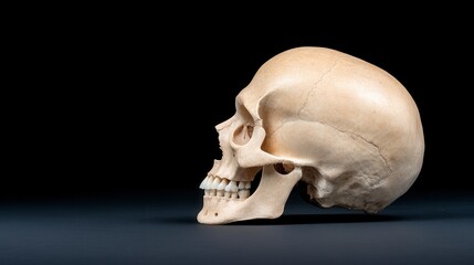 A detailed side view of a human skull demonstrating the intricate bone structure and dental features against a dark background