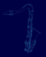 Blue drawing of a saxophone. The saxophone is shown in a stylized way, with the blue and white colors creating a sense of depth and dimension. The drawing conveys a sense of movement
