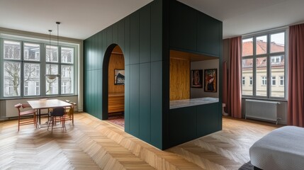 Modern apartment interior with unique architectural feature.