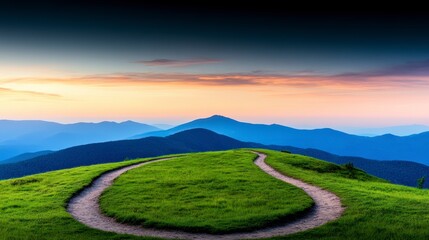 Fototapeta premium A winding path through lush green grass leads towards distant mountains at sunset, showcasing nature's beauty and tranquility.