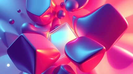 A vibrant abstract composition of glossy shapes in a blend of pink and blue hues.