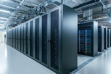 Modern Data Center with Server Racks. Concept of Technology, Infrastructure, and Cloud Computing.