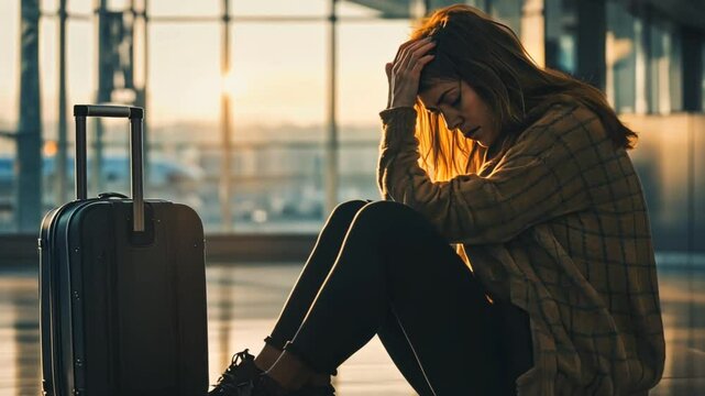 Sad (tired) woman sitting in the airport - missed or cancelled flight concept.